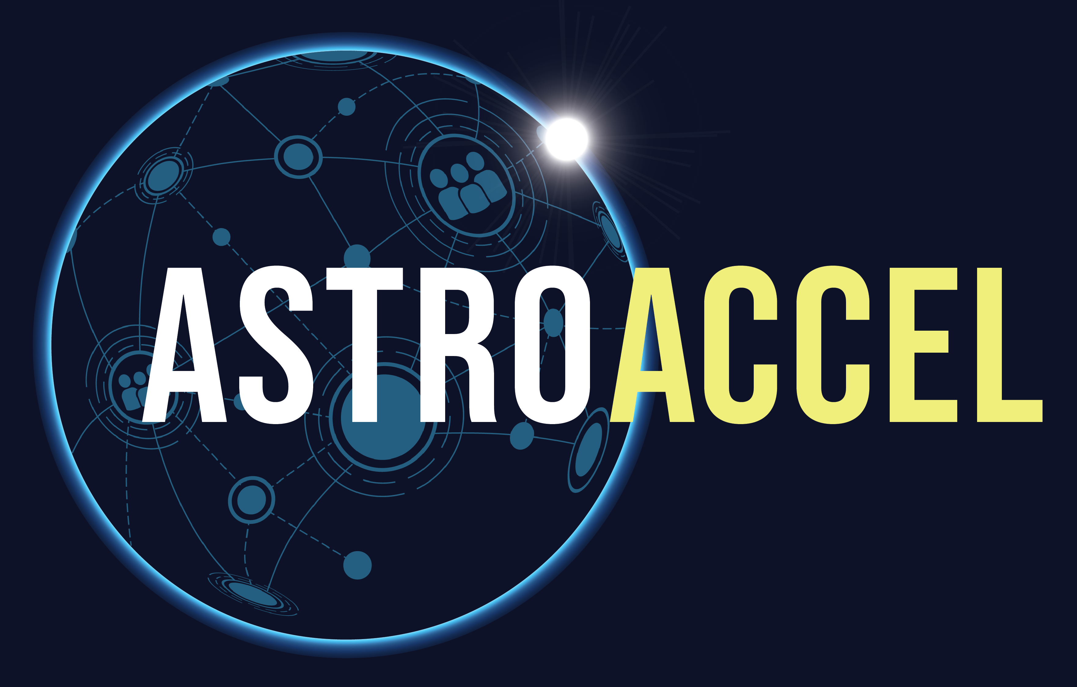 Astro Accel logo: A transparent circle with a blue outline and a networking map comprised of circles and lines. A small bright orb shines in the top right corner. "Astro Accel" is across the circle.