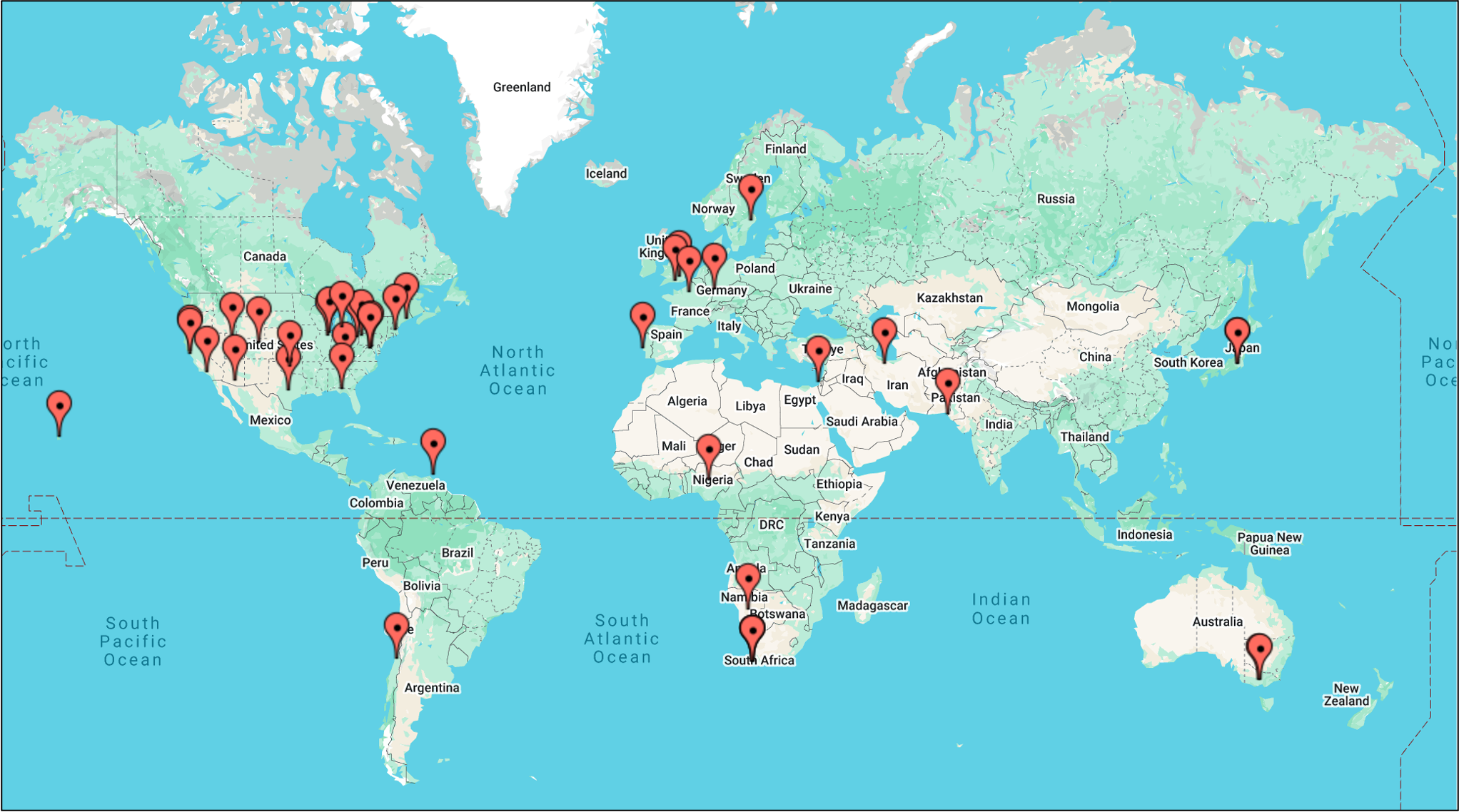 World map with 34 pins representing the various countries participating in ASTRO ACCEL.